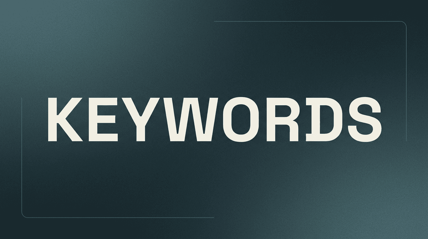 Editorial cover for ATS resume keywords guide, bold KEYWORDS wordmark on dark teal-slate gradient