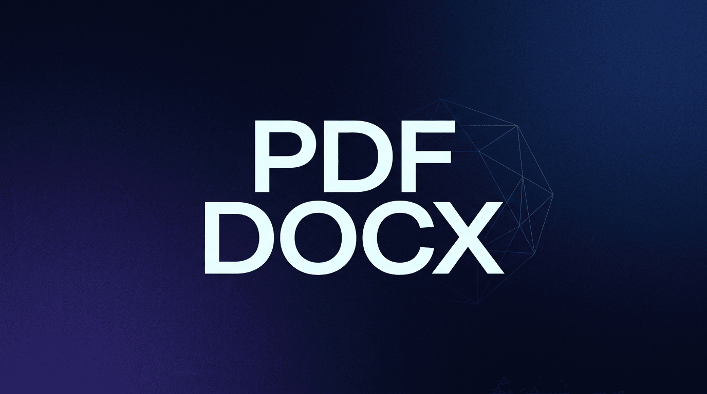 Editorial cover for PDF vs DOCX ATS guide, typographic PDF DOCX lockup on indigo-navy gradient