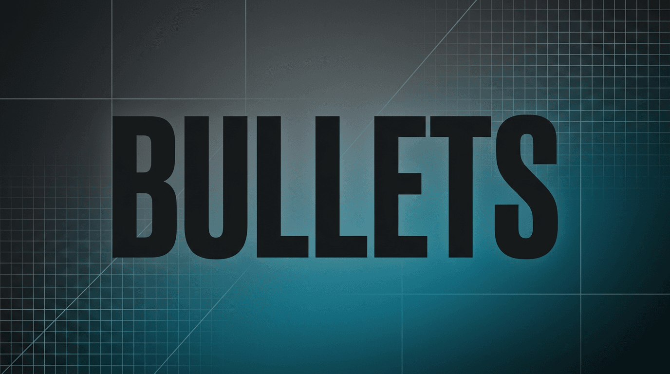 Editorial cover for ATS bullet points guide, BULLETS wordmark on charcoal-cyan gradient